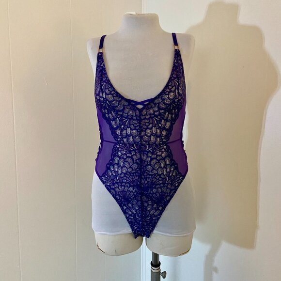 Savage x Fenty Metallic Lace Teddy Bodysuit Grape Purple Small Sheer Criss Cross - Picture 9 of 16